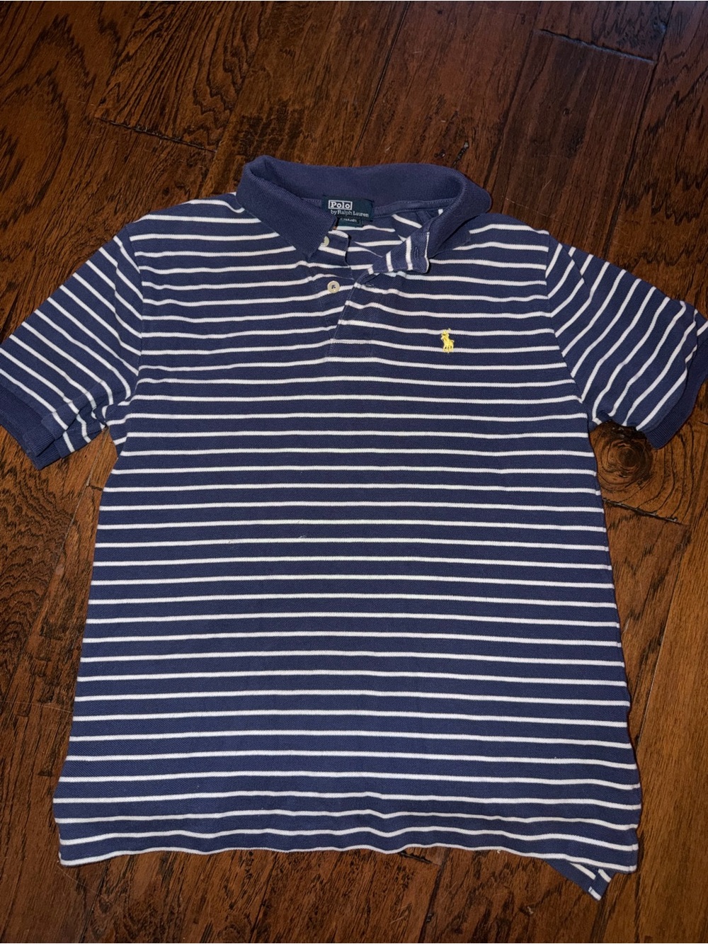 Ralph Lauren Navy & White Striped Polo with Yellow Pony